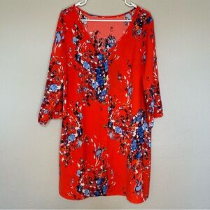 Vibrant Floral Red Dress 3/4 length sleeve Size XL